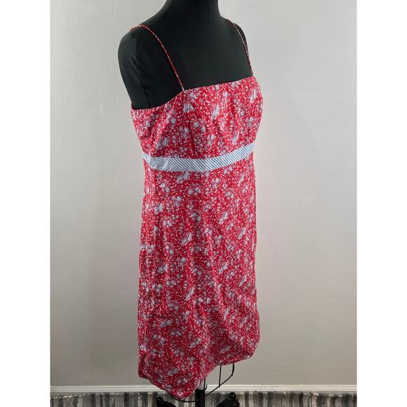 VTG Ann Taylor Red Blue Cami Dress Cotton Floral Print Square Back Tie Size 12 - Picture 5 of 9